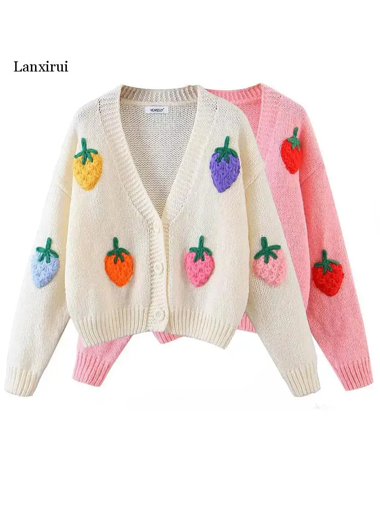 

Strawberry Knitted Ball Cardigan Beige Vintage Woman neck Buttons Long sleeve Sweater Knitwear Jumper Pink