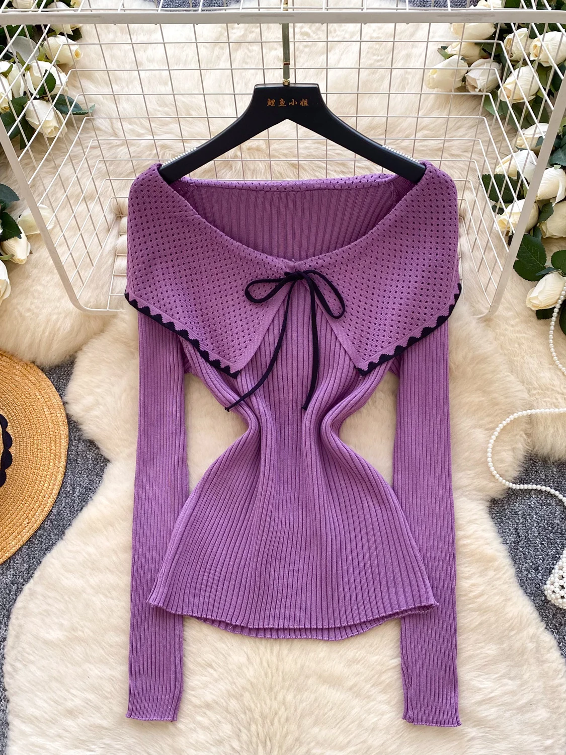 

Retro Anti-Aging Knot Long Sve Knitted irt Women's Slim Fit Color Blo Base irt Top Simple Versatile Bot