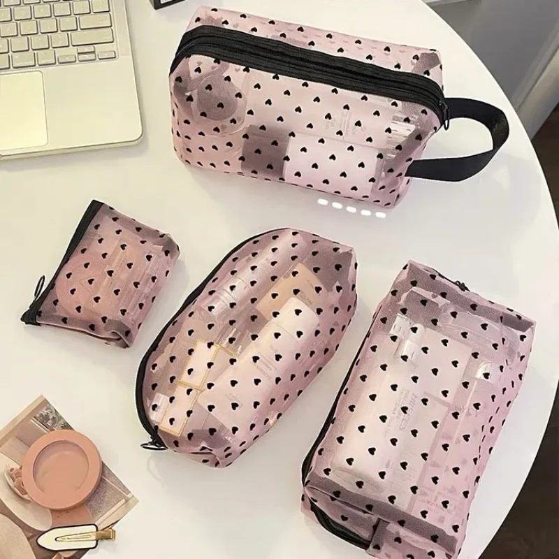 1pcs Women\'s Mesh Makeup Bag Cosmetic Bags Travel Toiletry Wash Case Handbag Organizer Female Storage Make Up Cases Heart Print