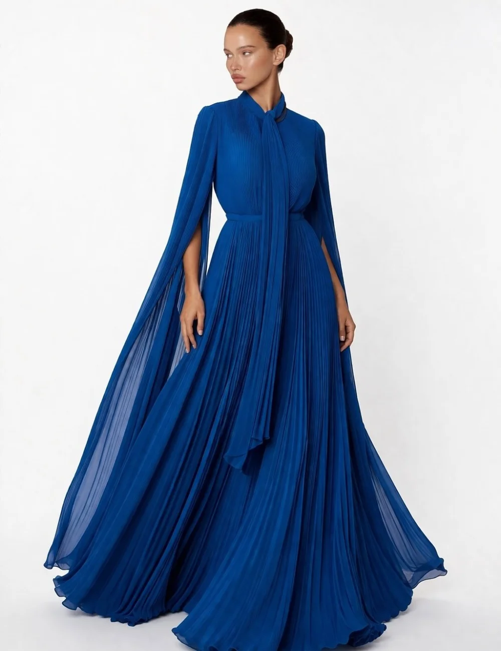 

Customized Navy Fashion Retro Chiffon Pleat Ruched Draped A-line High Collar Floor-Length Evening Dresses For Birthday Party