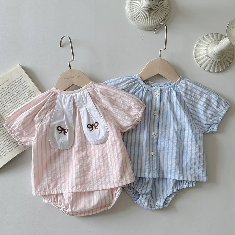 

2024 New Summer 0-24M Newborn Baby Girls Clothing Set Short Sleeved Cotton Striped Shirt+PP Shorts Children Clothes Suit