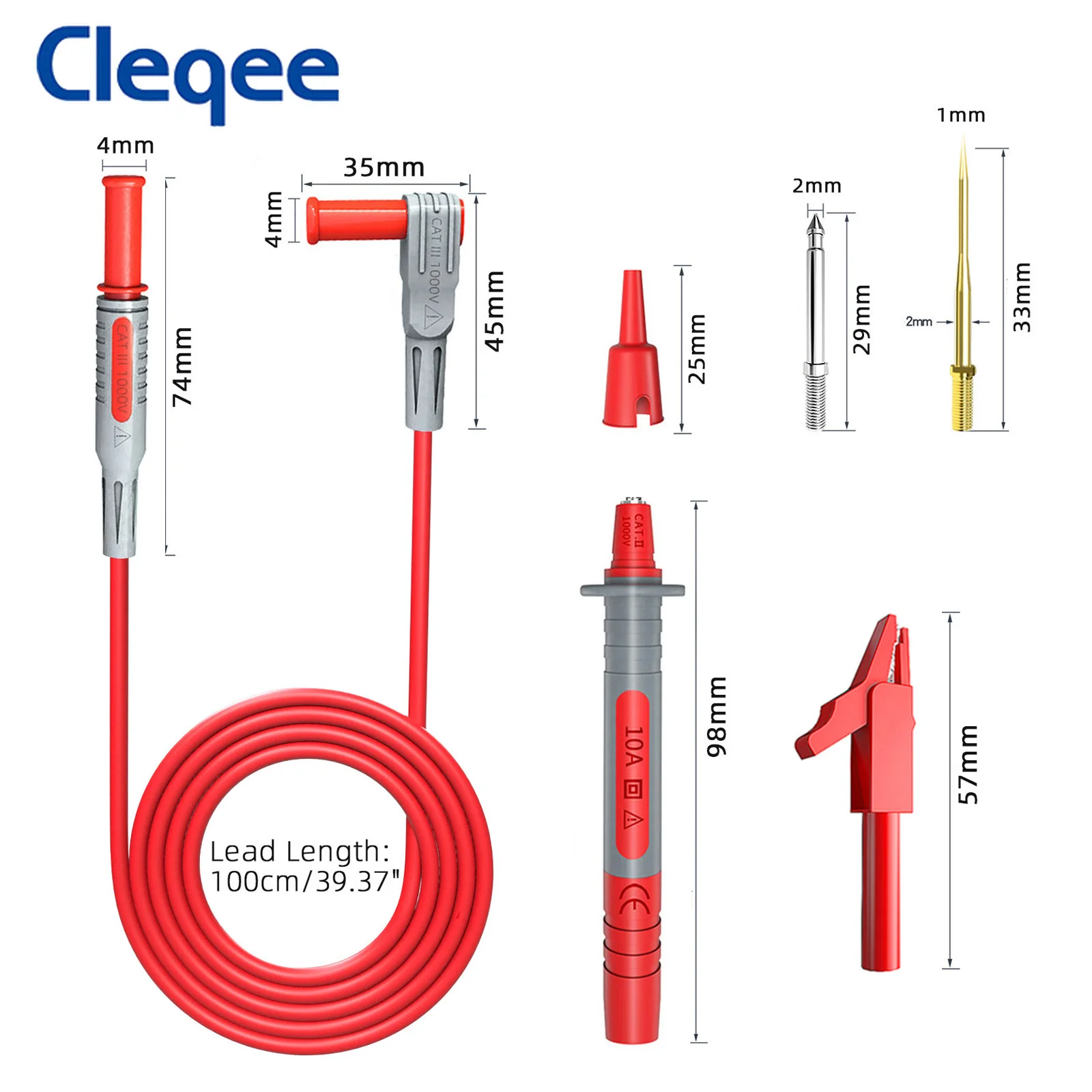 Cleqee P1300A Sheathed 4mm Banana Plug Multimeter Test Lead Kit + Test Probe Pens + 8pcs Replaceable Test Needles Pins