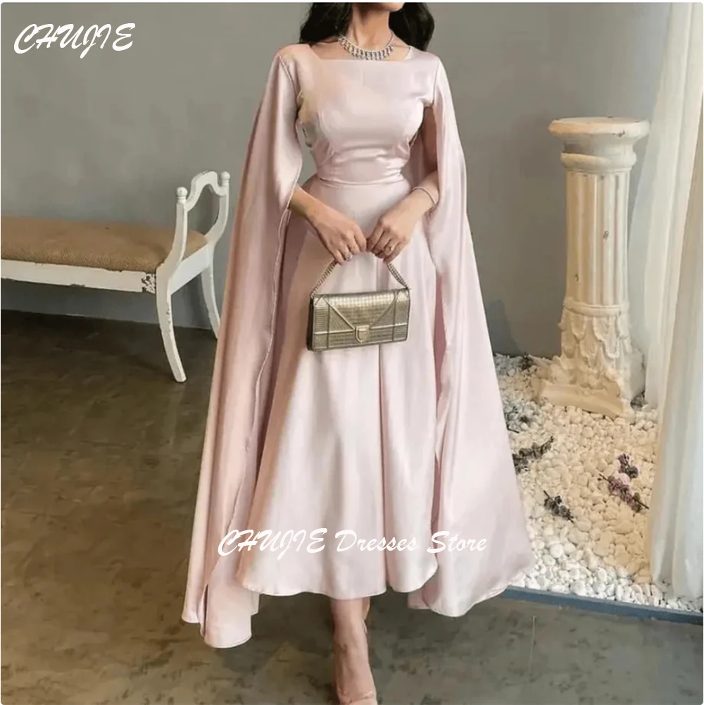 Hellrosa Dubai Arabia Abendkleider, fließender Schal, Tee-Länge, Hochzeitskleid, Damen, formelle Kleider, Abschlussballkleid