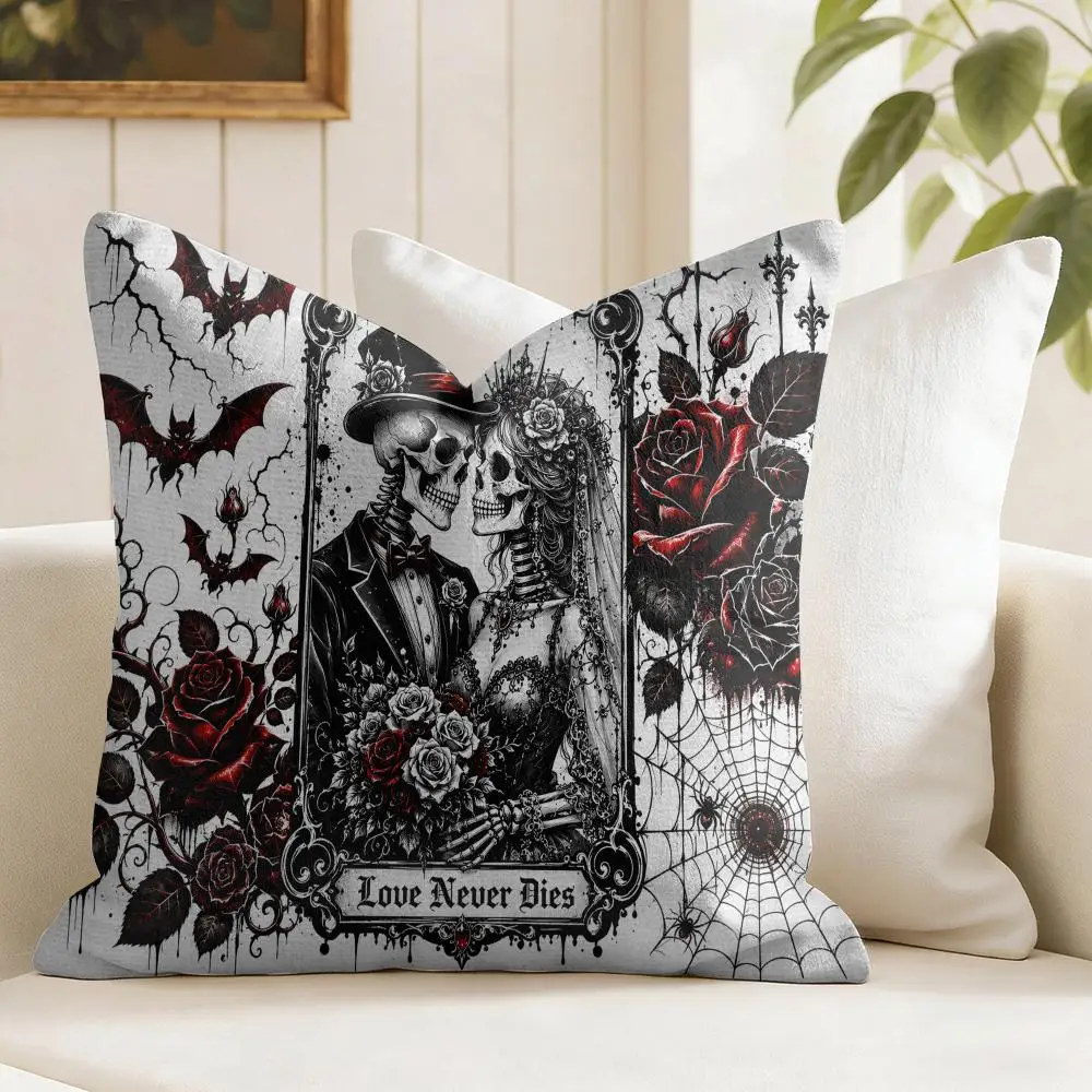 Halloween Skeleton Bride Cushion Cover Natural Linen Organic Fabric Double-Sided Printing Breathable Perfect Gift For Decor