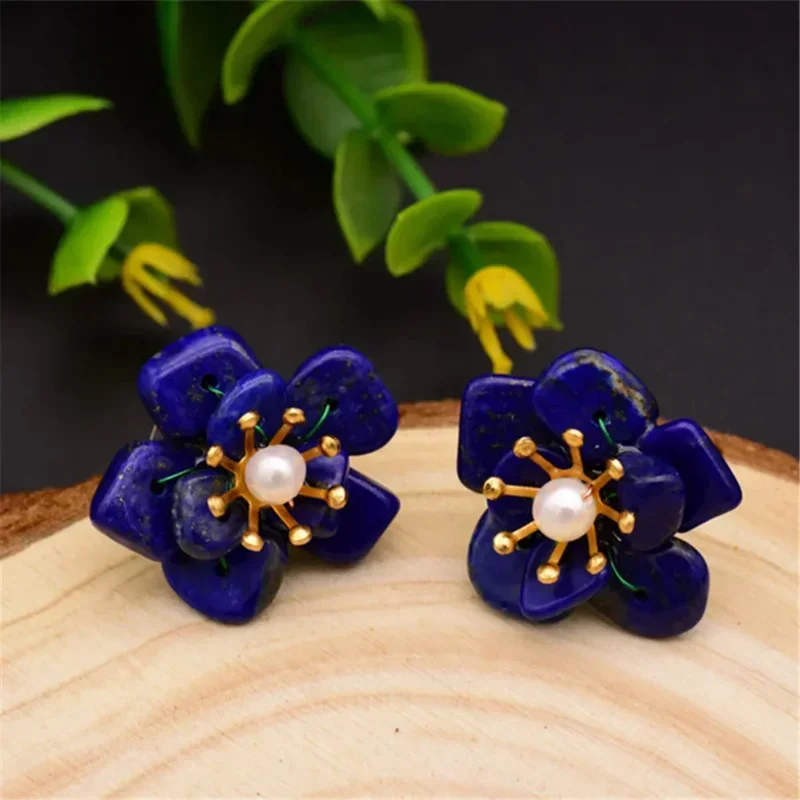 Natural Pearl Lapis Lazuli Flower Like Design Earrings 925 Sterling Silver Ear Stud European American Vintage Women Jewelry