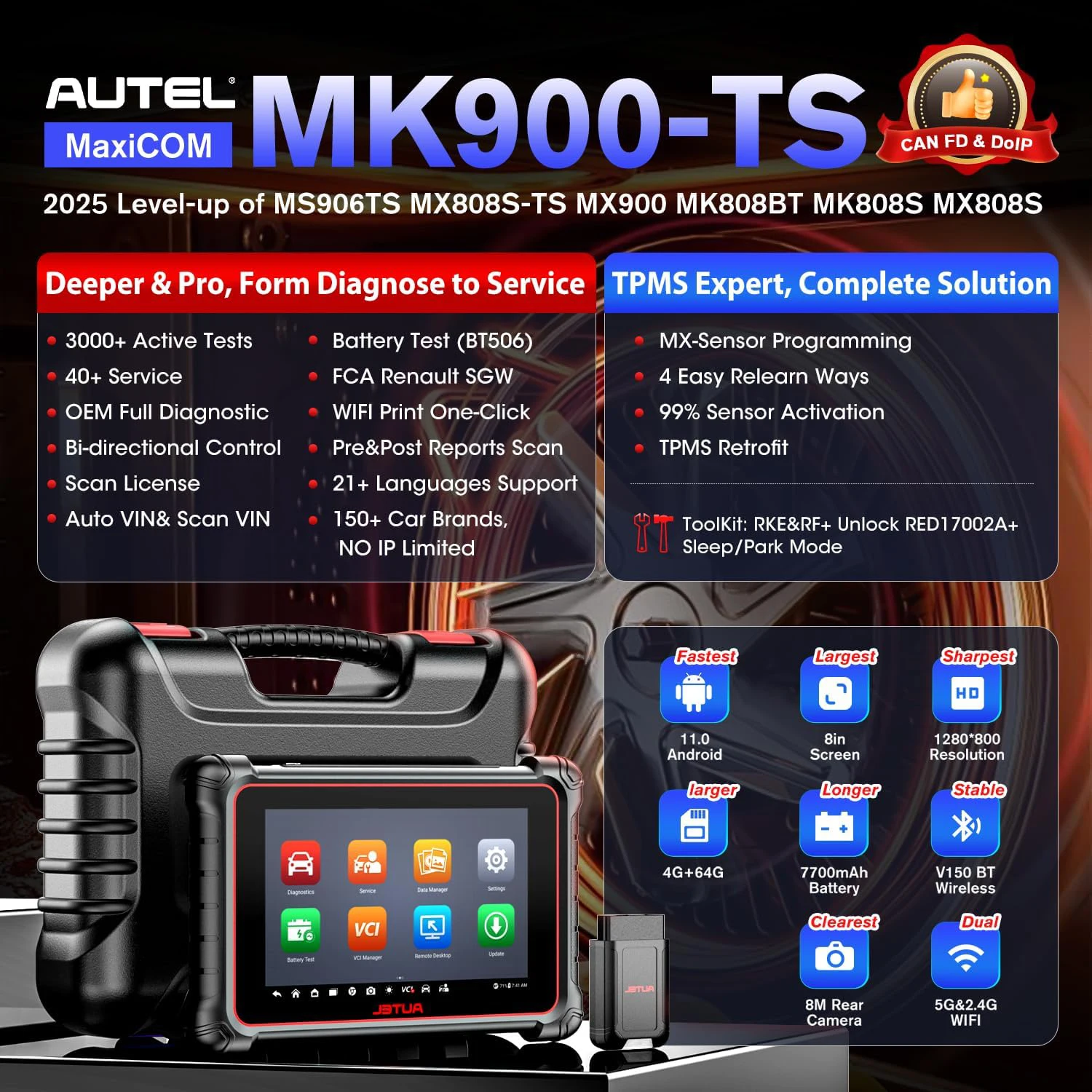 Autel MaxiCOM MK900TS MK900-TS Car Bi-directional Diagnostic Tools Full TPMS Functions CAN FD DOIP Upgrade of MK808S TS MX900TS