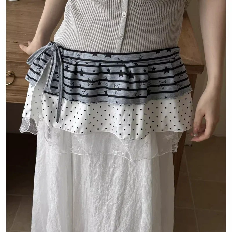 Women Y2k Layered Tiered Mini Skirt Star Polka Dot Print Mesh Hem Elastic Waist Streetwear Cover Up Skirt One-piece Wrap Skirt view 3