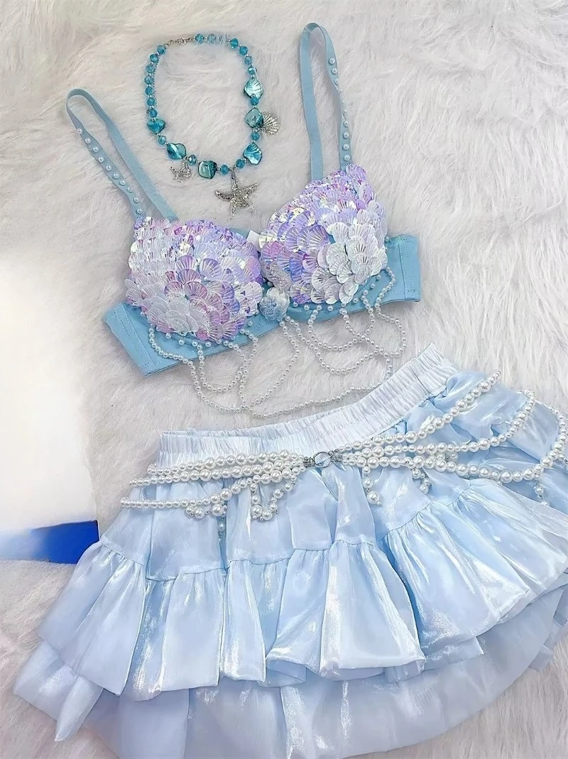Rhinestone Shell Scale Women's Mermaid Seashell Bra Pearl Ruffle Skirt Set Ocean-Inspired Festival Costume Cosplay Rave Outfit
