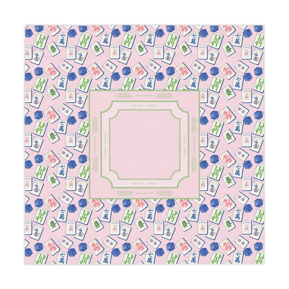 Pink Mahjong Tile Pattern Square Tablecloth - Game Night Instructions Mat Elegant Party Decor
