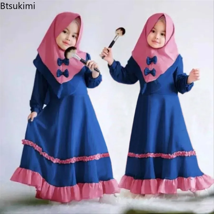 2025 Muslim Ramadan Sets Children Girls Prayer Gown Hijab Arab Long Dress Abayas Robe with Headscarf 2pcs Sets Islamic Clothing