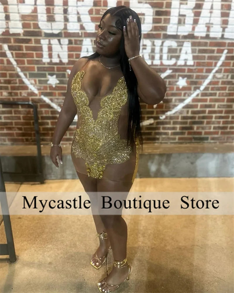 

Gold Crystals Rhinestones Short Prom Dress 2025 For Black Girl Cocktail Dress Birthday Party Dress Homecoming Dress Customized