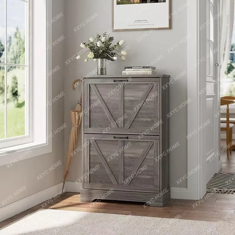 Log retro K-shaped door shoe cabinet living room tipping bucket shoe cabinet against the wall
