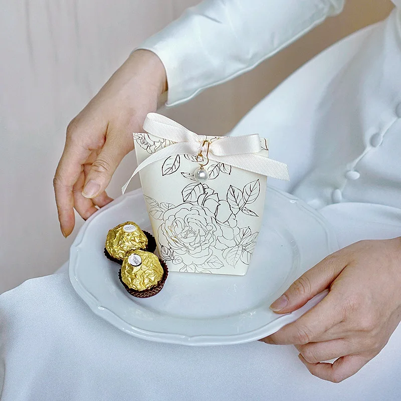Gold Stamping Process Mini Gift Box with Ribbon, Flower Candy Box, Wedding Candy Box, Wedding Gift Box
