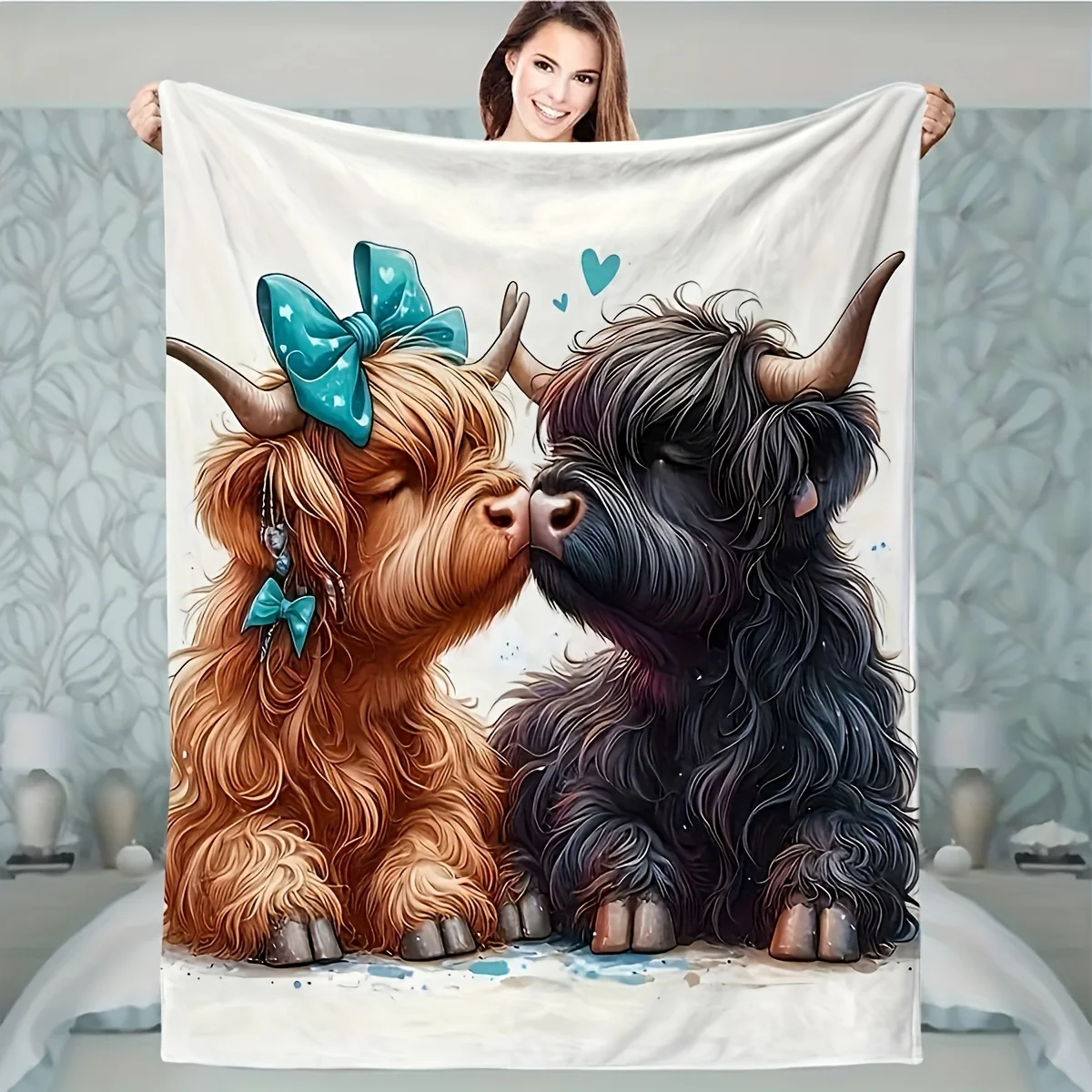 Sweet Loving Highland Cow Pair Flannel Blanket Farm Animal Lightweight Throw Blanket Romantic Blanket Gift for Cow Lovers