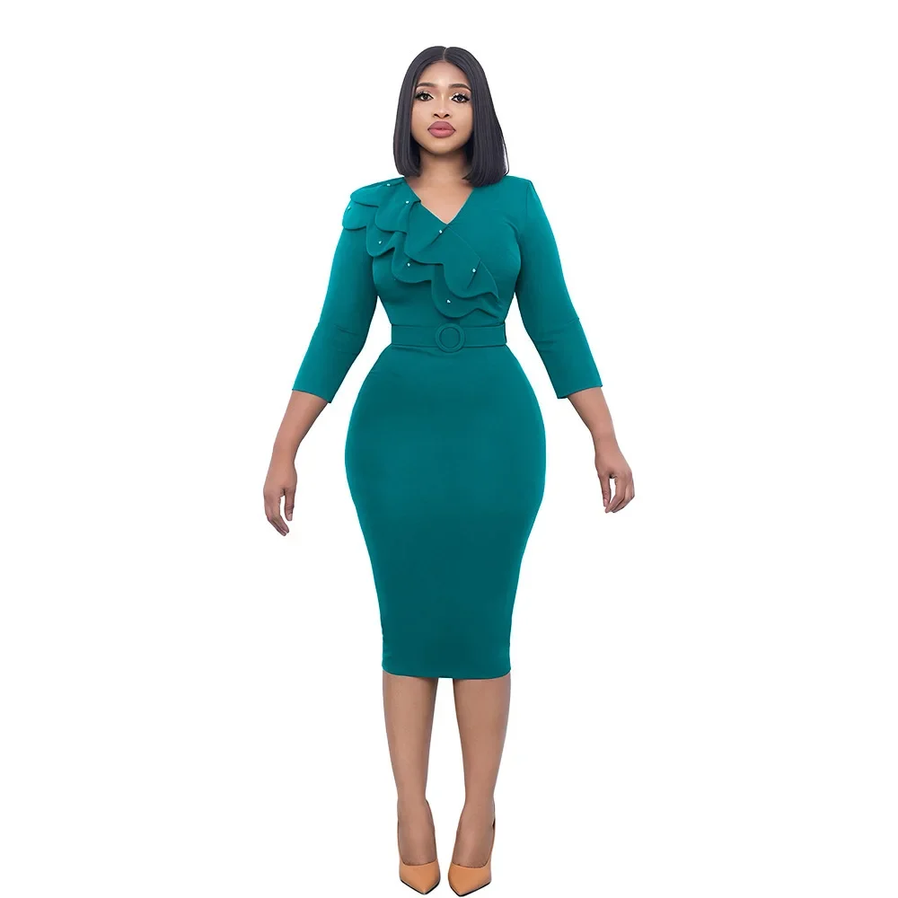 2024 Polyester African Dresses for Women Elegant Autumn African 3/4 Sleeve V-neck Red Green Yellow Black Bodycon Dress With Belt