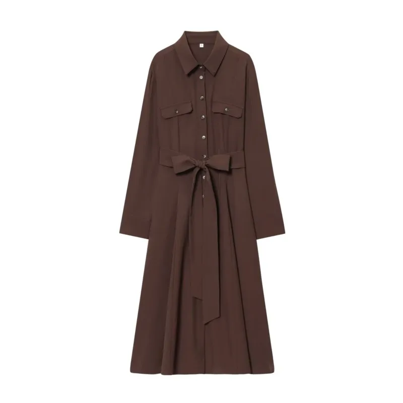 Spring Autumn Women Shirt Dress with Belted Turn Down Collar Women's Dress Long Sleeve Lady Dress Pleated Hem Female Party Dress