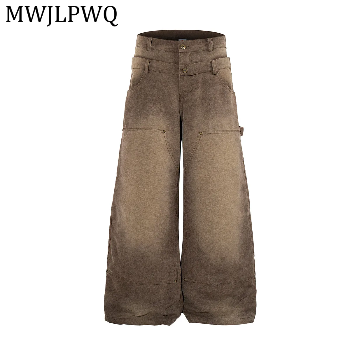 

MWJLPWQ American Style High Street Dirty Washed Rivet Jeans Men's Double Waist Hiphop Cargo Wide-Leg Pants 2026 New Spring 13597