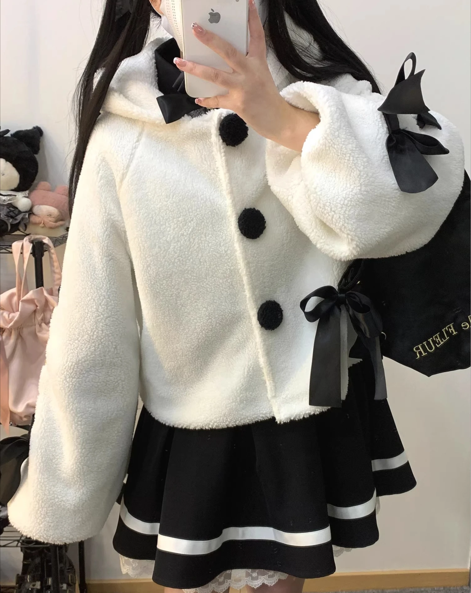 Stuffed Rabbit Ears Button Tie Backbows White Coat Women Winter Jacket Hooded Jackets for Women