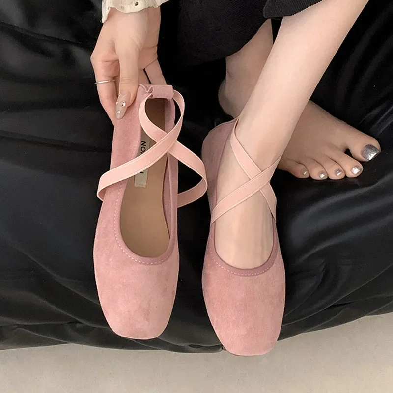 Baletki damskie Velvet Thin Shoes Mary Jane Loafers Square Toe Pumps Elastic Band Slip-on Casual Shoes Soft Lady Work Shoes