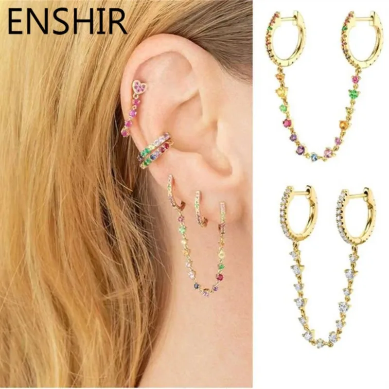 ENSHIR 1PC Colorful Zircon Hoop Earrings for Women Men Double Ear Hole Tassel Chain Hoop Earrings Jewelry Wholesale