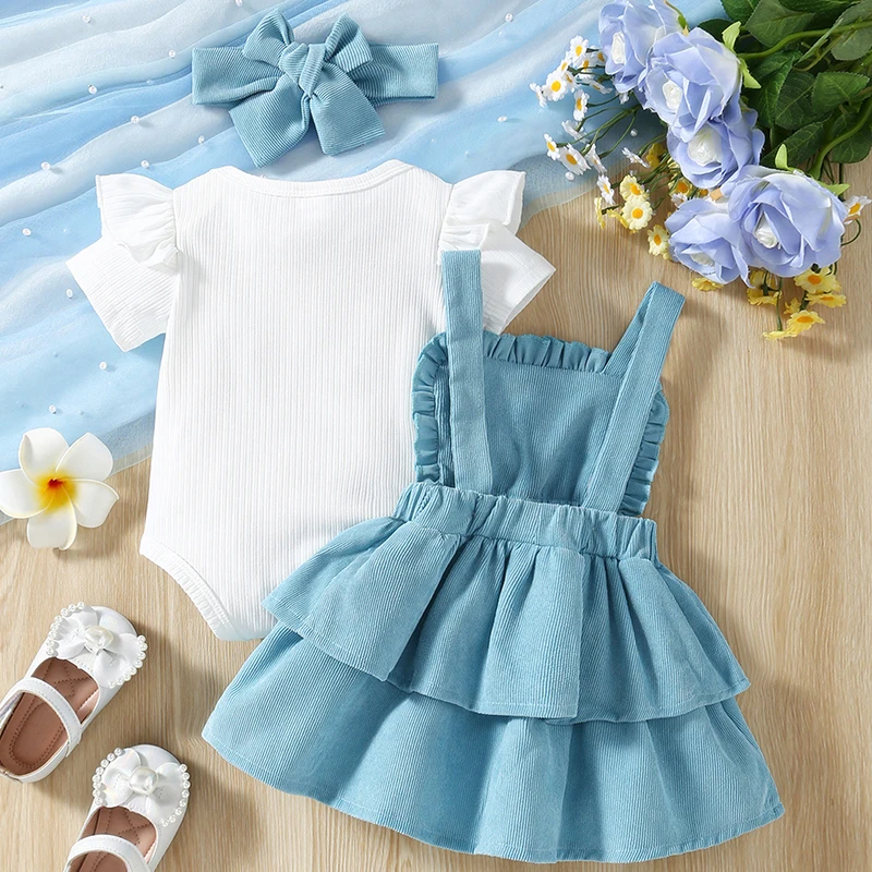 Fashion Summer Baby Girl Clothes Set Short Sleeves Rompers and Crochet Flowers Suspender Skirt Headband 3PCS Kids infant Outfits