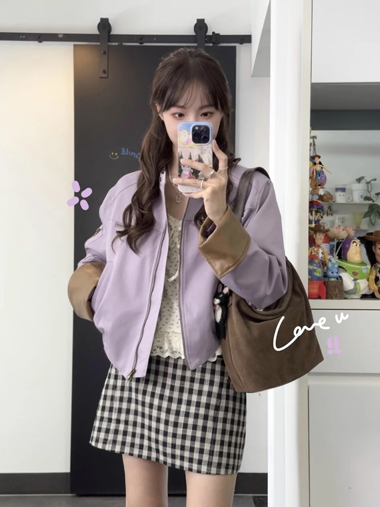 

Куртка из искусственной кожи для женщин, весна-осень, фиолетовый оттенок таро, в стиле Little Franche, мотоциклетная одежда, премиум-класс