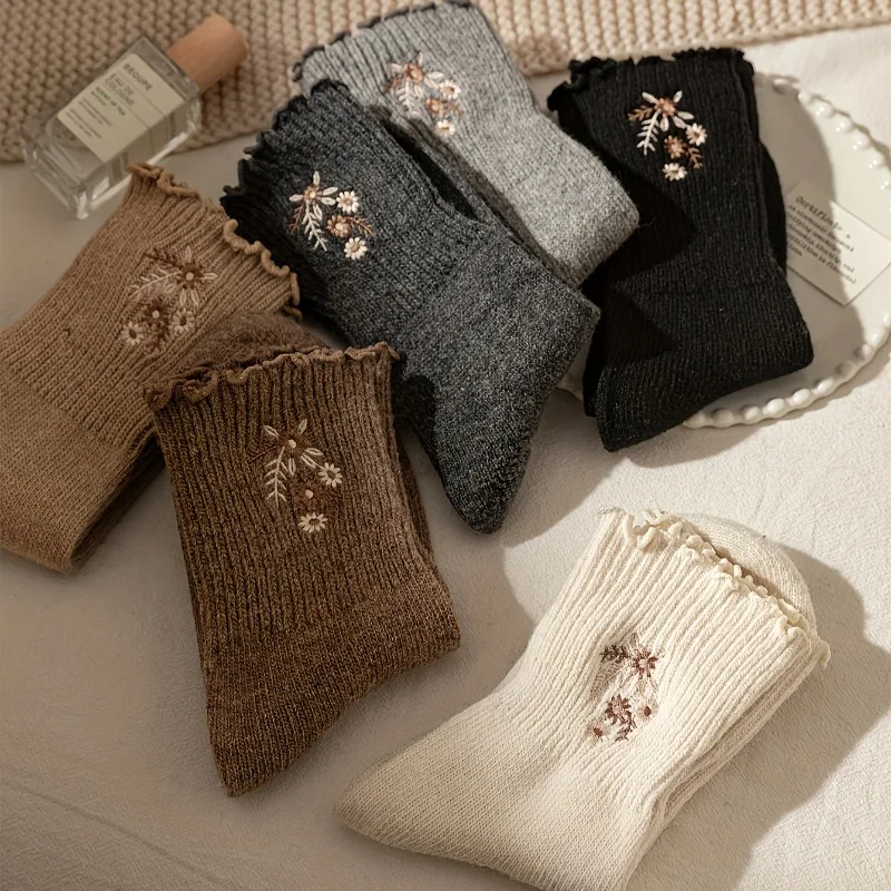 6 Pairs Warm Embroidered Small Floral Socks