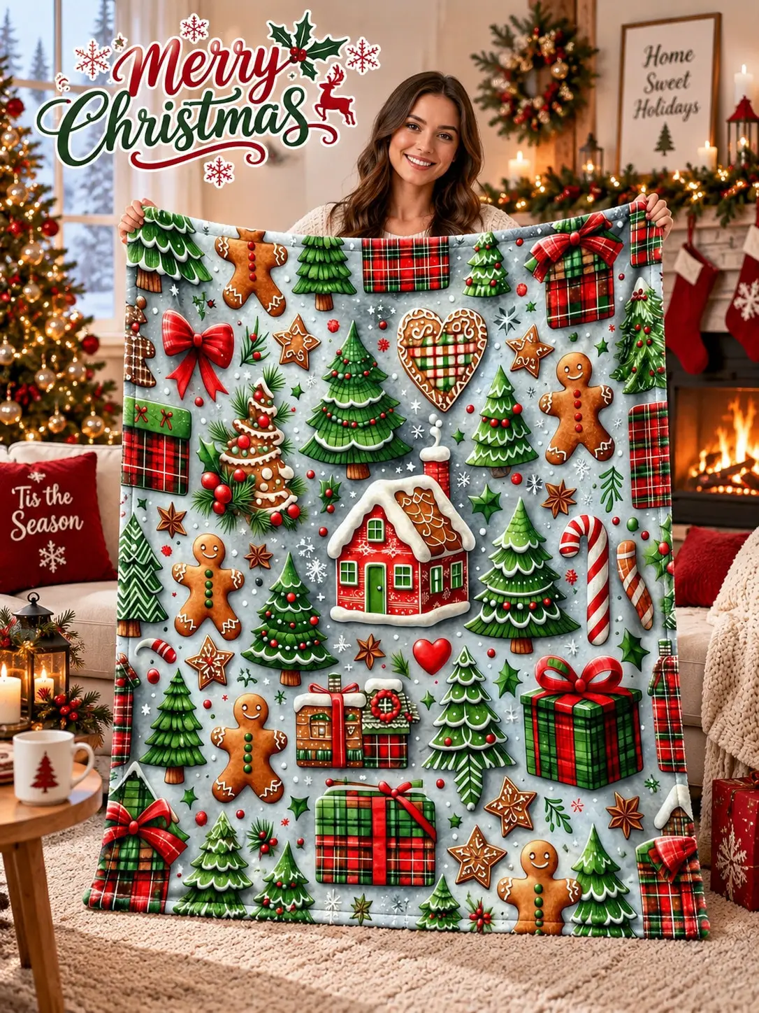Christmas Flannel Blankets & Throws Gingerbread House Tree Present Bow Sofa Bed Nap Cover Living Room Bedroom Reading Travel Camping Home Decor Anniversary Birthday Gift for Women Men Mom Dad Grandma Grandpa Wife Husband Family Friends Couch Den
