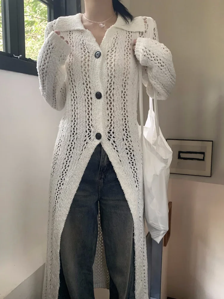 Vintage Hollow Out Mesh Long Coat White Slim Knitted All Match Sweet Sweater  Fashion Y2k Aesthetic Casual Cardigan Women