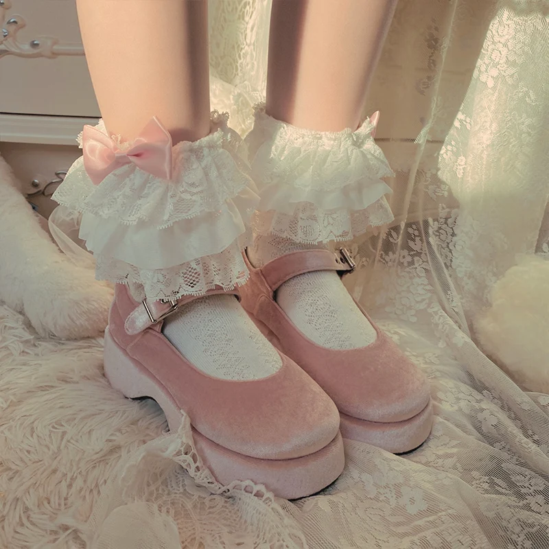 Cute Pink Lolita Lace Sock Bow Cotton Pile Socks Girls Lace Ruffle Frilly Ankle Socks Harajuku Fairy Lace Socks Cosplay