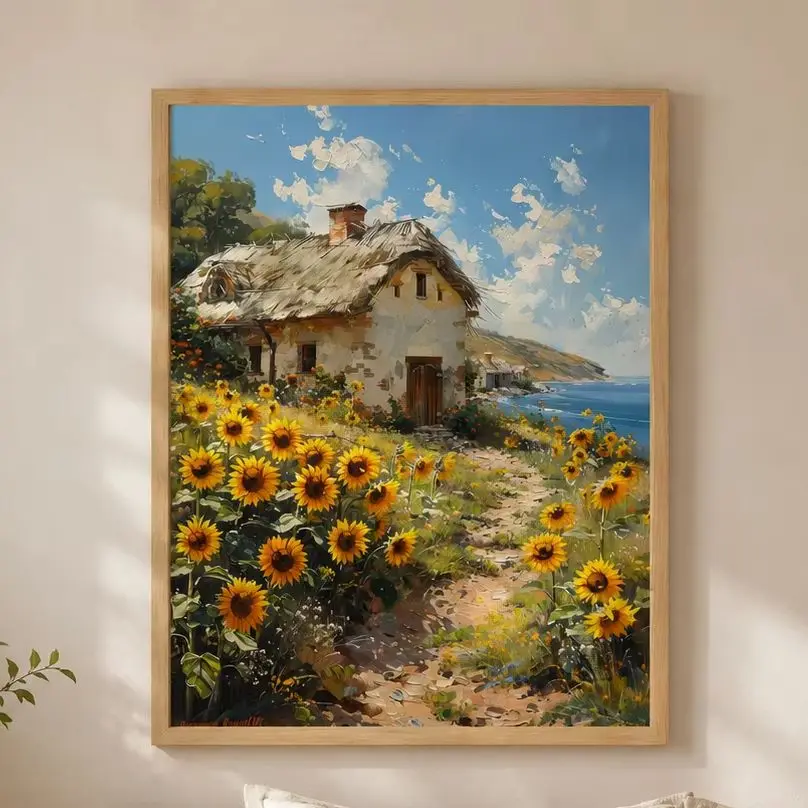 (No frame)Ukrainian Village Sunflowers Painting,BlueSky Scene,Canvas Wall Print,High‑Grade Home Decoration Artwork for Bedroo