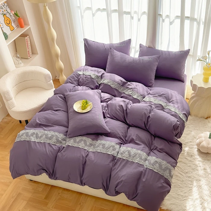 

Ins floral print Bedding set knitted cotton Flat sheet set Four pieces duvet cover double layer-yarn 4Pcs lovely 2025 New Style