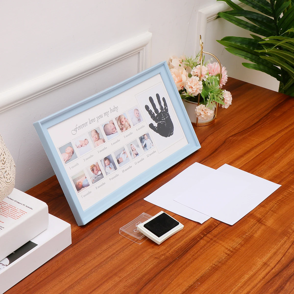 

1pc Baby Hand Footprint Frame 12-Month Growth Record Photo Display Holder For Newborn Infant Blue Durable Gift