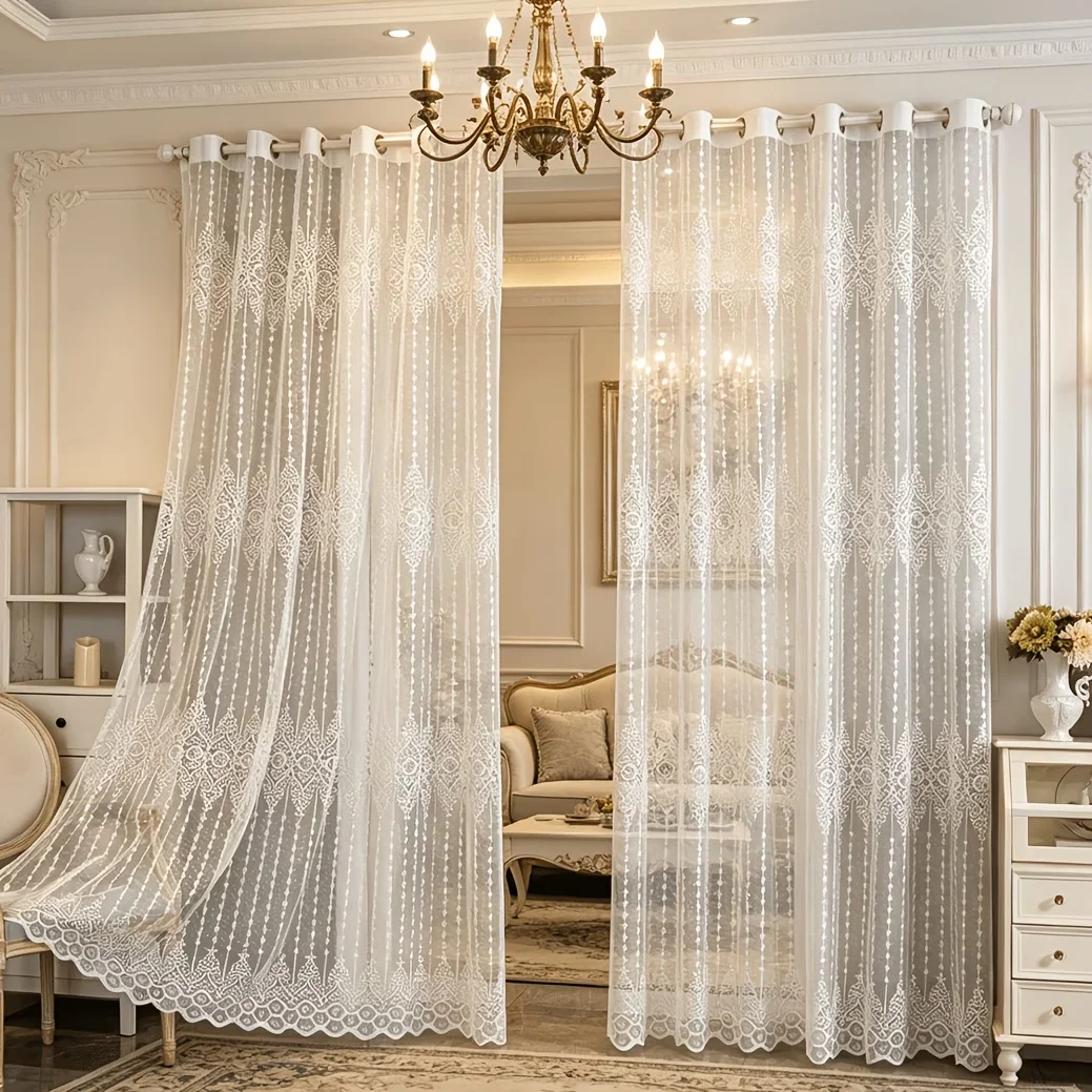 1pc New European Floral Ready-Made Sheer Curtain with Tassel Lines, Easy Install for Bedroom, Living Room & Balcony