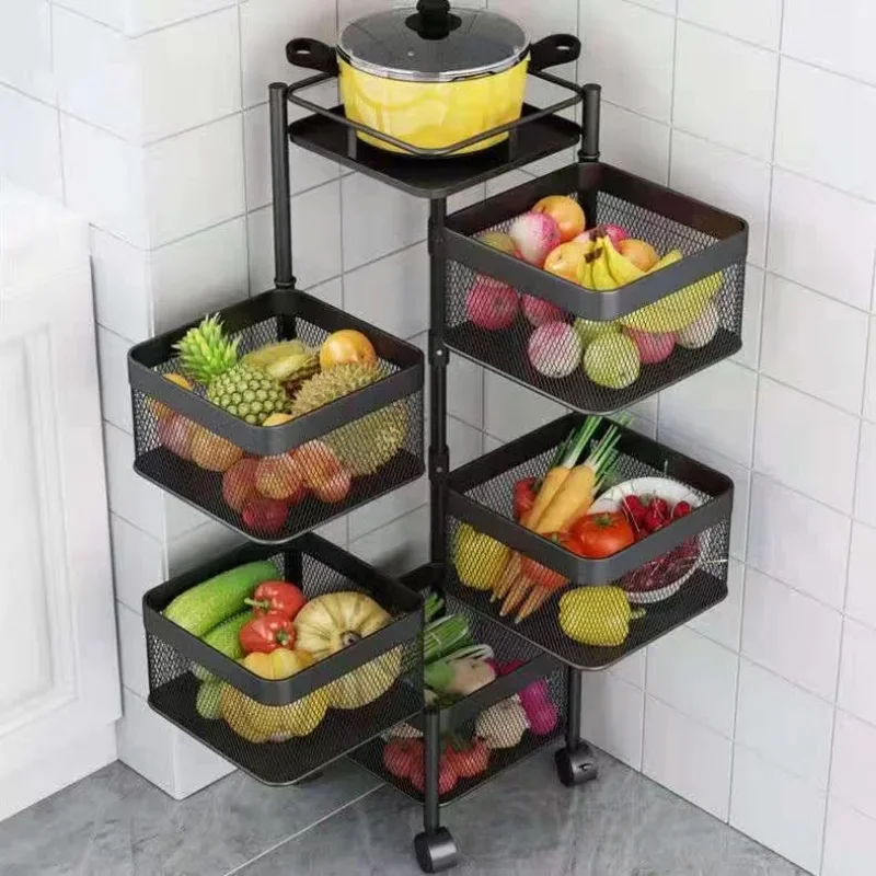 Rotatable Kitchen Fruit Shelf Multi Layer Vegetable Rack Large Capacity Snacks Organizer with Wheels Space Efficient