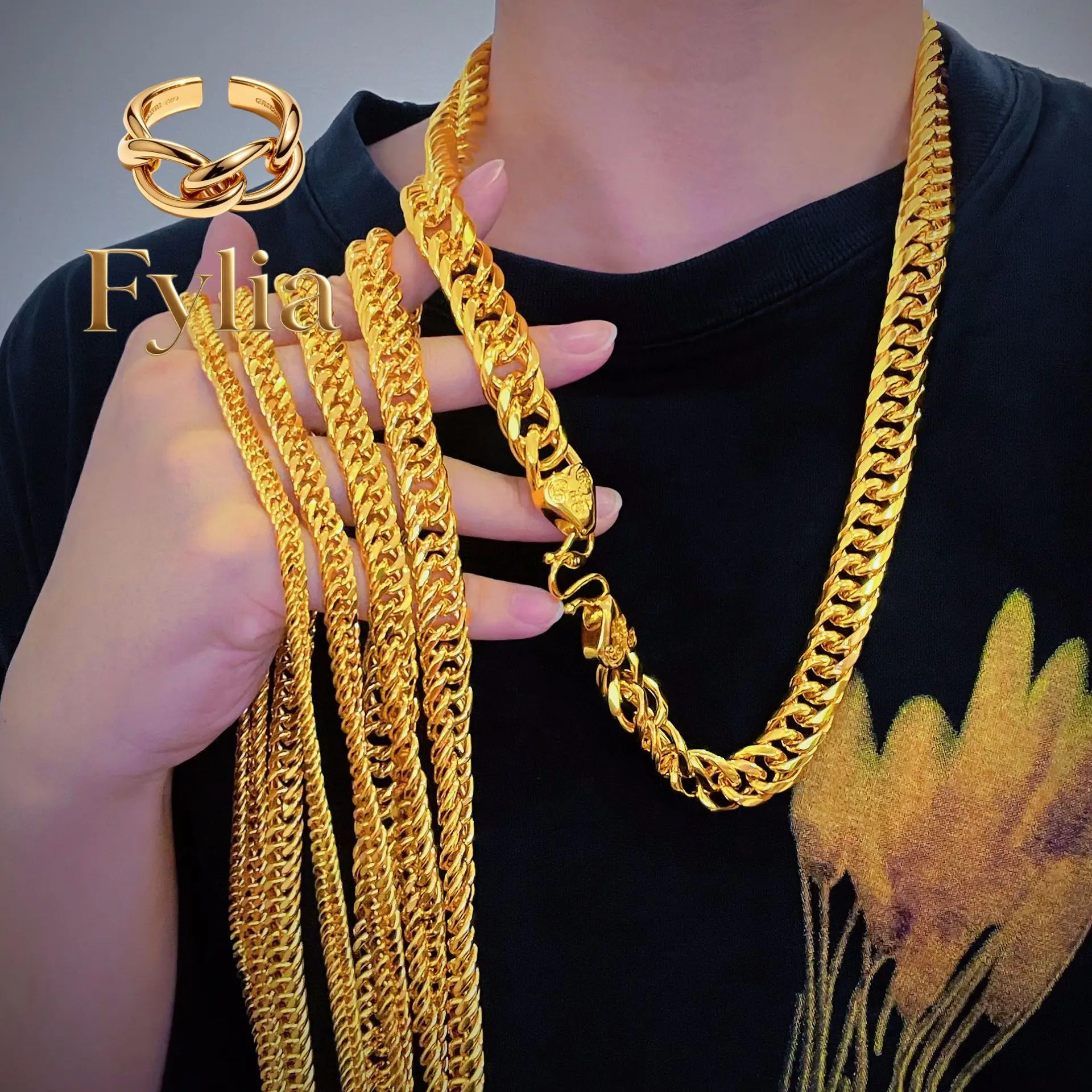

Fylia Jewelry 9999 24K real gold Gold Buckle Boss necklace Gold necklace Thick necklace Jewelry riding crop chain