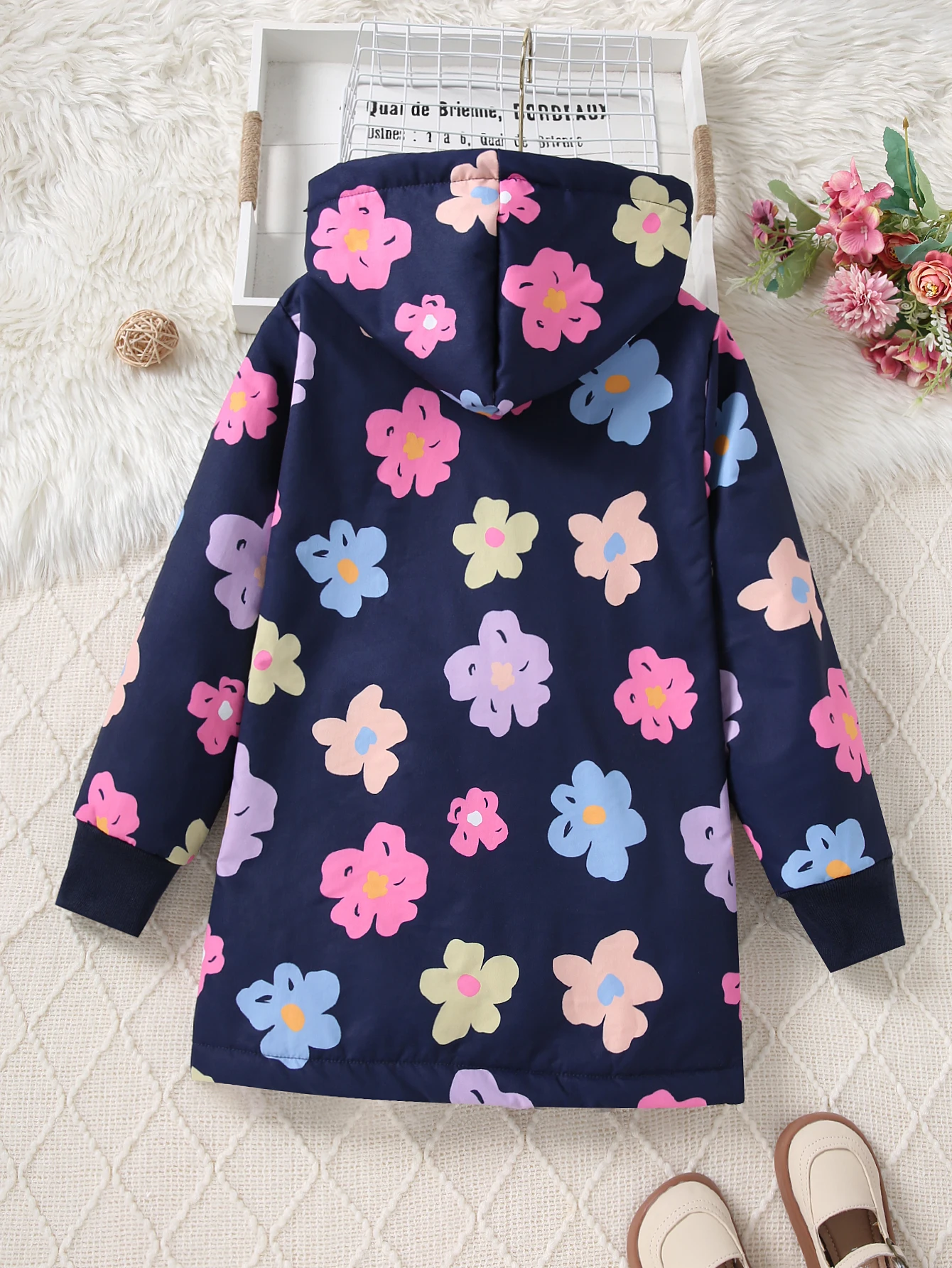 Herbst/Winter-Fleece-warme und kältebeständige Mädchen-Kapuzenjacke mit bunten Blumenmuster, modischer, mittellanger Jackenmantel – Detail 3