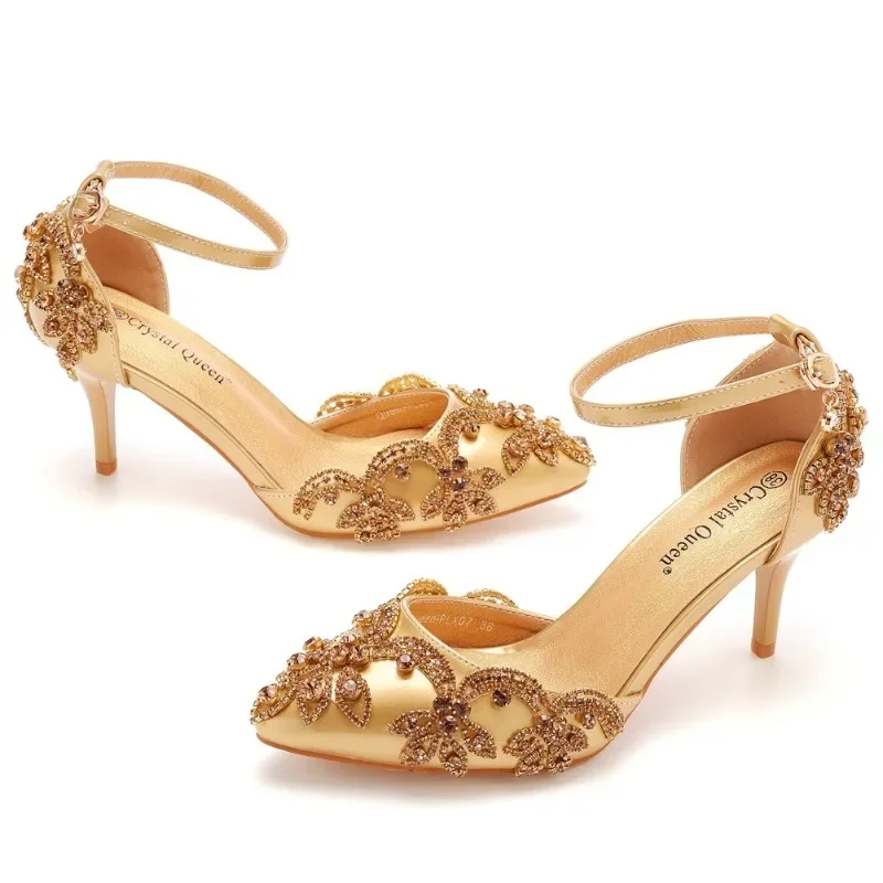 Letnie sandały damskie na wysokim obcasie Rhinestone PU 7CM na cienkim obcasie pasek z klamrą dojrzałe buty damskie złoty żółty moda