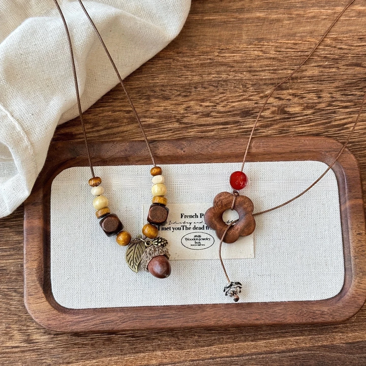 Wooden Acorn Necklace Vintage Forest Style Long Sweater Chain Natural Carved Wood Pendant Lightweight Ethnic Zen Jewelry