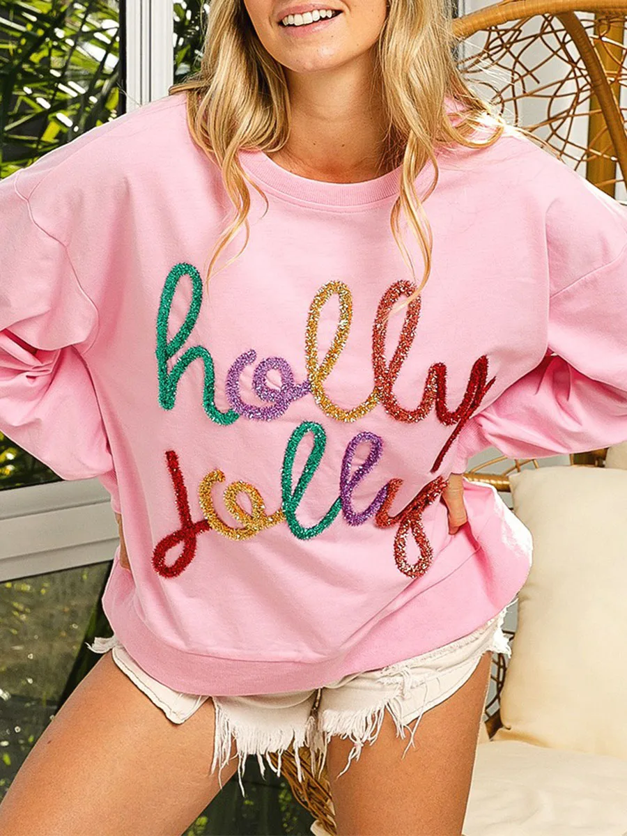 Women s Fall Christmas Pullover Sequin Letter Pattern Long Sleeve Round Neck Sweatshirt Loose Tops