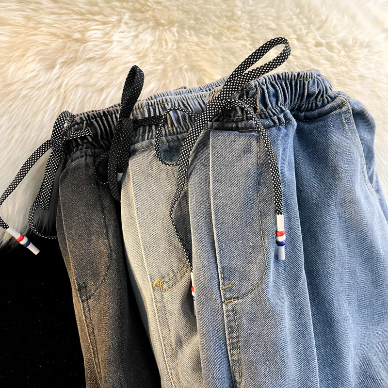 Celana Pendek Denim Biru Musim Panas Pria Celana Longgar Kasual Saku Solid High Street Amerika Baru Celana Panjang Serut Serbaguna Mode