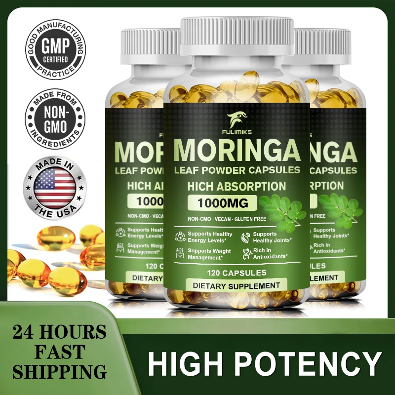 

100% Pure Moringa Leaf Powder Capsules, Anti-Inflammatory Supplement, Immune System, Metabolism, Energy at Brain Booster