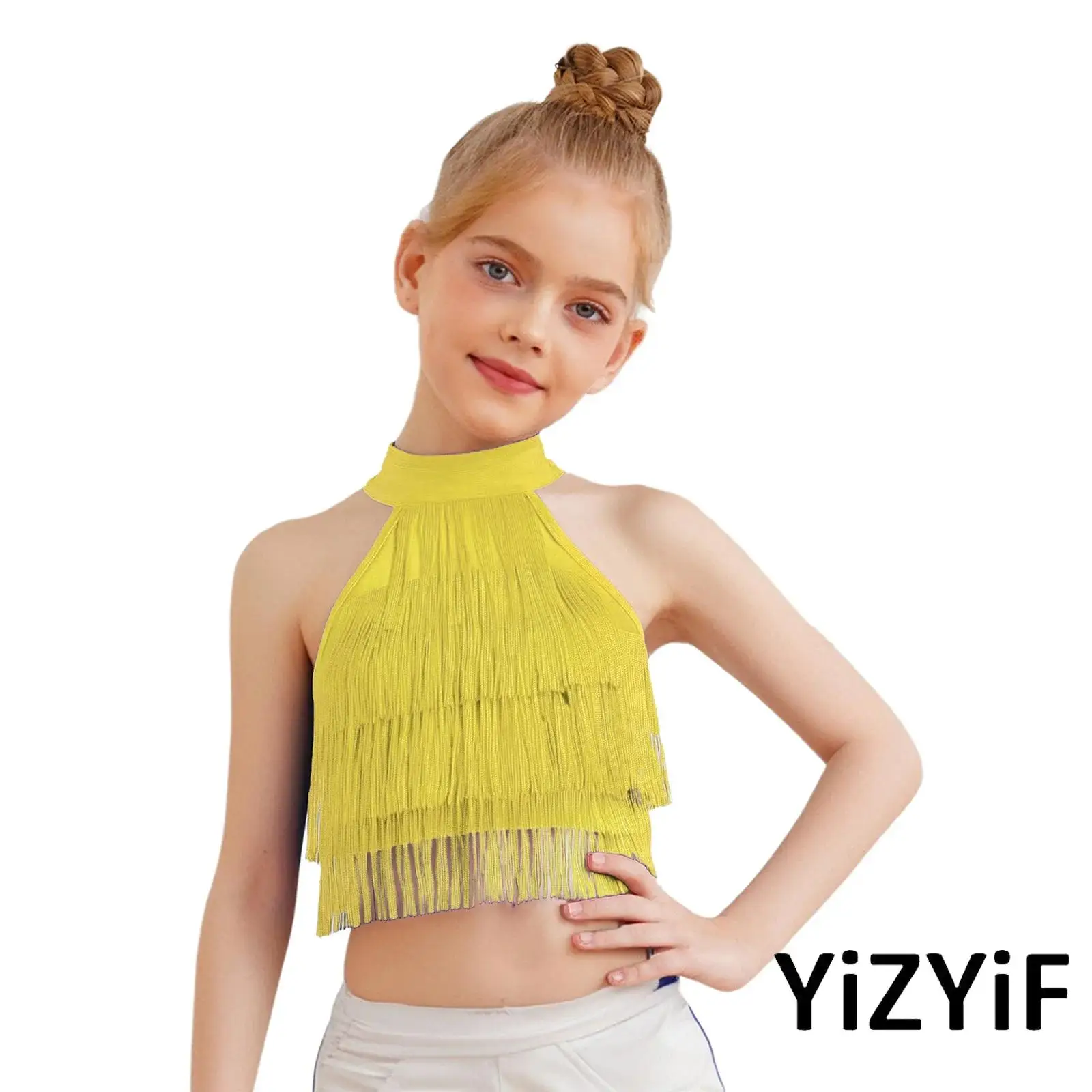 

Kids Girls Dynamic Latin Salsa Dance Vest Sleeveless Strappy Back Tiered Tassels Latin Ballroom Dance Crop Top Lyrical Dancewear