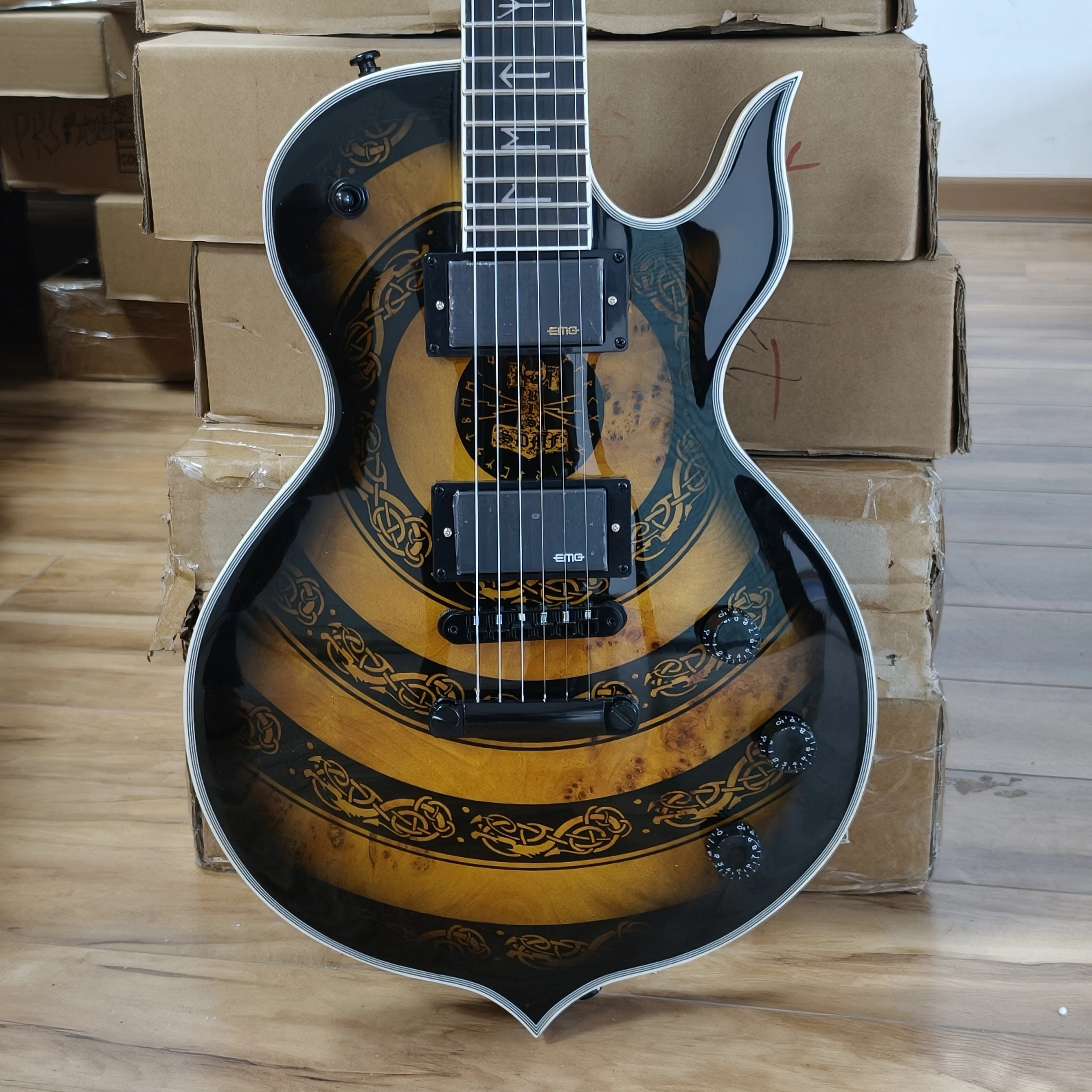 US Warehouse Odin Style Zakk Wylde Electric Guitar Viking Totem Artwork Dual Humbuckers White Binding 6 String Rosewood Fingerboard Guitar