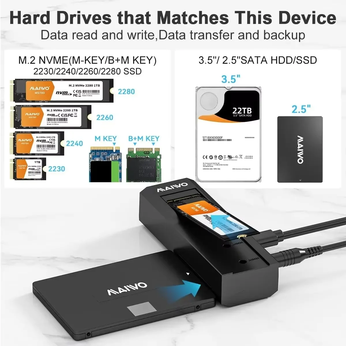 MAIWO M.2 NVMe to 2.5'' 3.5'' Offline Clone SSD/HDD Enclosure M.2 to SATA SSD HDD Cloner Max 10Gbps Standalone Clone Duplicator
