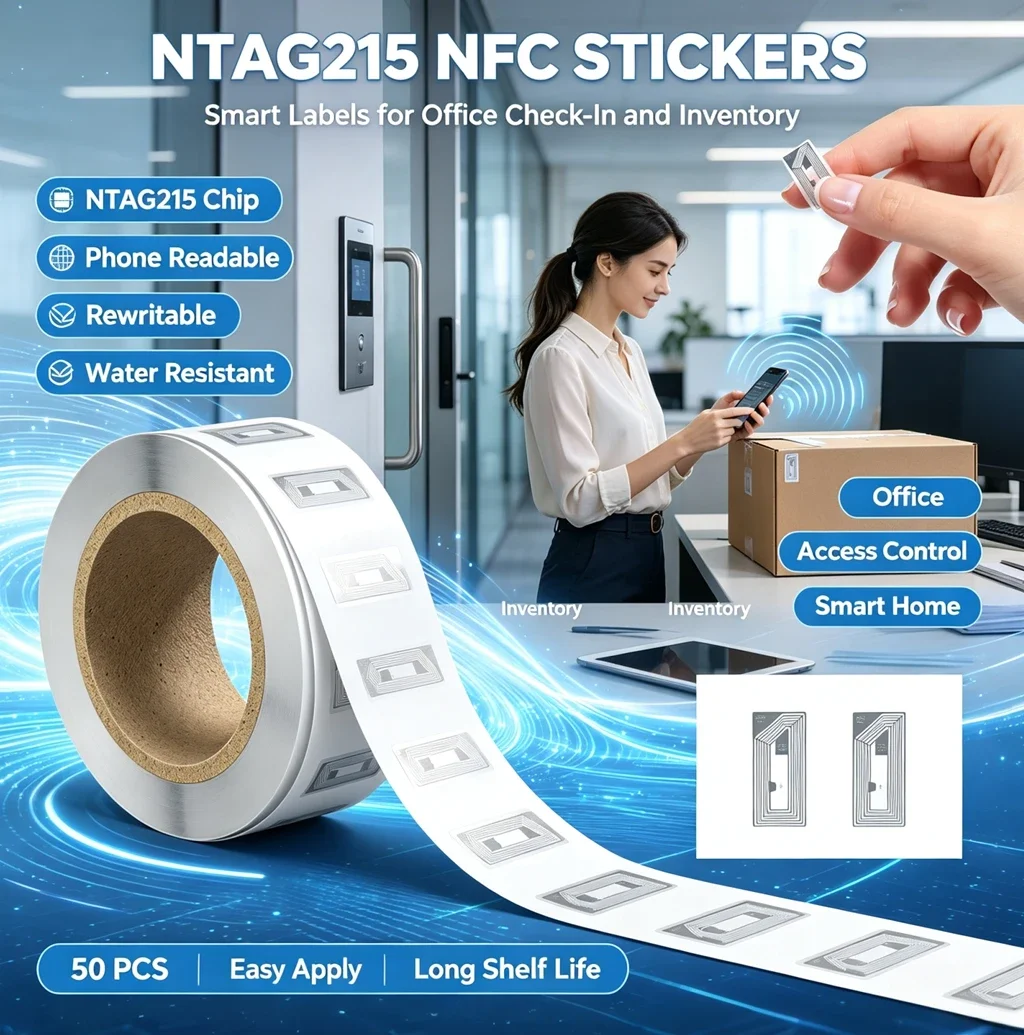 DIXSG 13.56MHz NTAG215 Round NFC Stickers Self‑Adhesive Rewritable Blank NFC Tags Labels for Smart Phone NFC Automation DIY