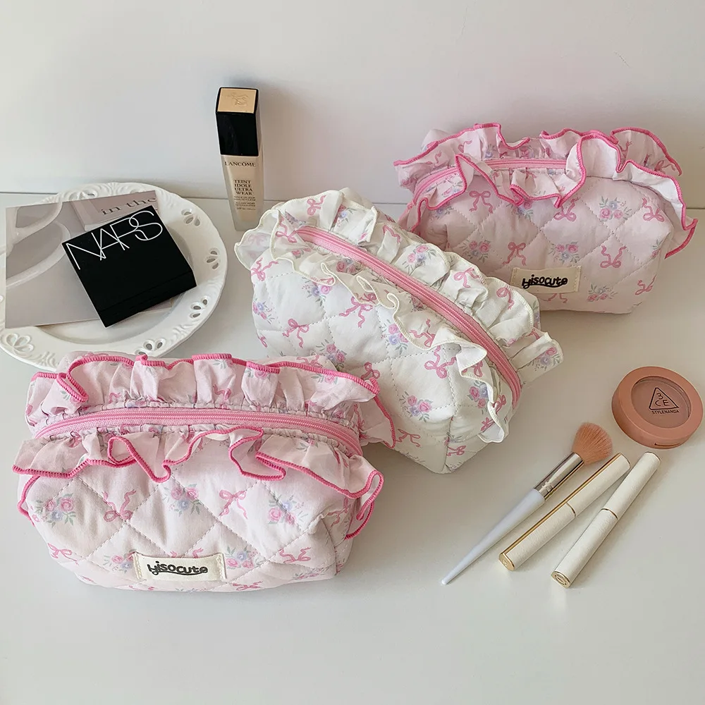 Tas Rias Katun Quilting Bunga Pita Lucu Tas Tangan Kain Wanita Organizer Kosmetik Ritsleting Wanita Kotak Perlengkapan Mandi Portabel untuk Anak Perempuan