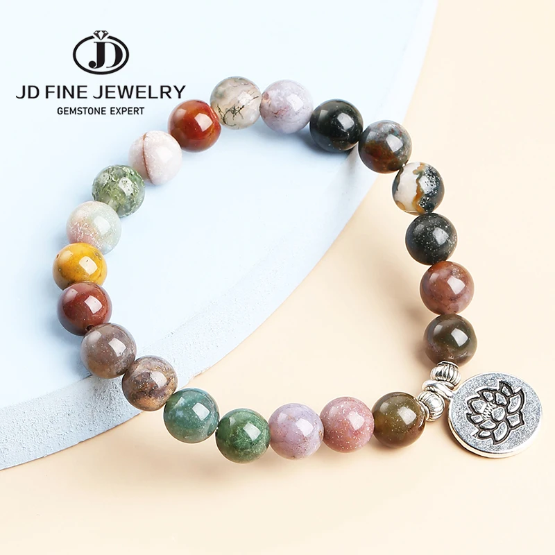 Handmade Natural Indian Agate Bracelet for Women Lotus Charm Healing Crystal Boho Yoga Spiritual Jewelry Gift