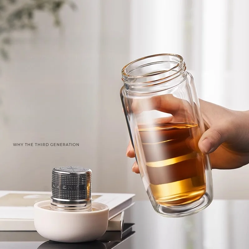 GIANXI Double Thickened Anti-Scalding Glass Cups Office Magnetic Tea Separation Tea Bin Design Portable Watertight Leakproof Cup