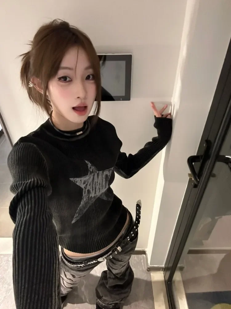 2024 Vintage Harajuku Star Girl Y2k maglioni estetici ritagliati Pullover autunno giapponese maglione lavorato a maglia allentato Grunge Streetwear